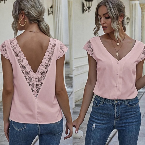 Tops - Pink  v neck button down lace detail top
